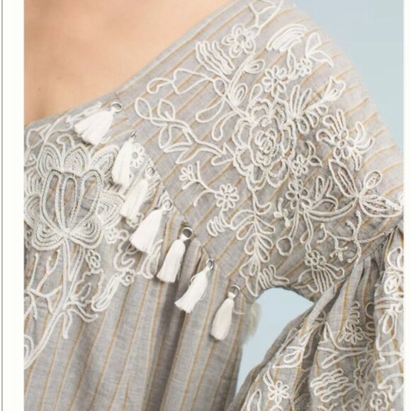 Anthropologie Maeve Tisdale Embroidered Tassel Midi Dress Women 6 Oversized Gray - Picture 3 of 16
